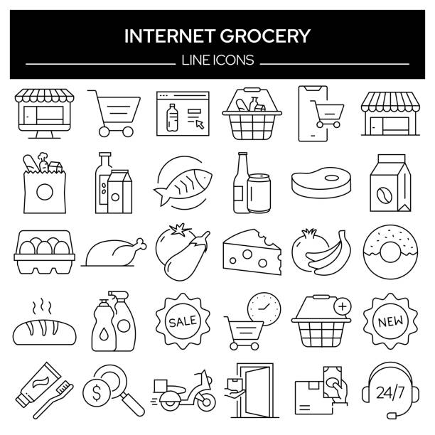 ilustraciones, imágenes clip art, dibujos animados e iconos de stock de conjunto de iconos de línea relacionada con el supermercado de internet. colección de símbolos de contorno, trazo editable - supermercado