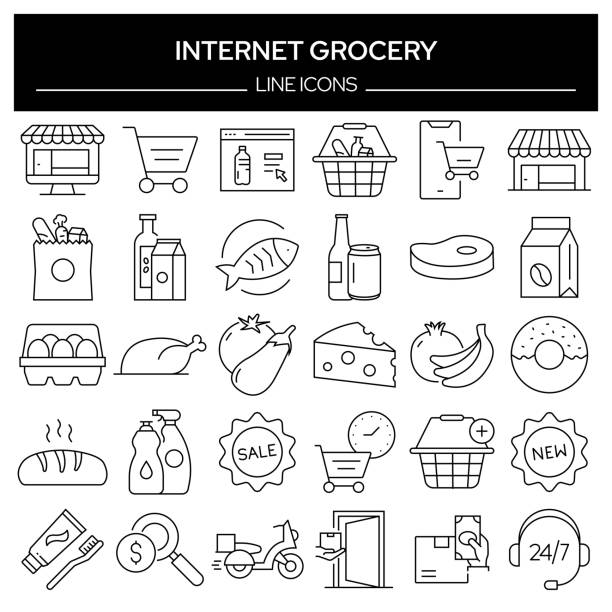 Set of Internet Grocery Related Line Icons. Outline Symbol Collection, Editable Stroke Set of Internet Grocery Related Line Icons. Outline Symbol Collection, Editable Stroke supermarket stock illustrations