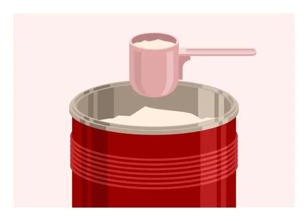 Vector illustration of Powder milk in tin container and plastic spoon. Simple flat illustration.