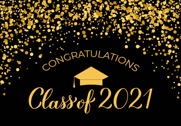 Class of 2021 banner. Gold confetti graduation party or prom decorations. Congratulations to graduates typography poster.  Vector illustration Class of 2021 banner. Gold confetti graduation party or prom decorations. Congratulations to graduates typography poster.  Vector illustration. prom stock illustrations