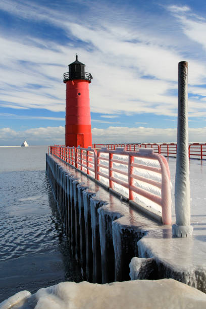 istock Milwaukee Pier Head Lighthouse or Red Lighthouse against Blue Sky with Ice Covered Pier 1312725597