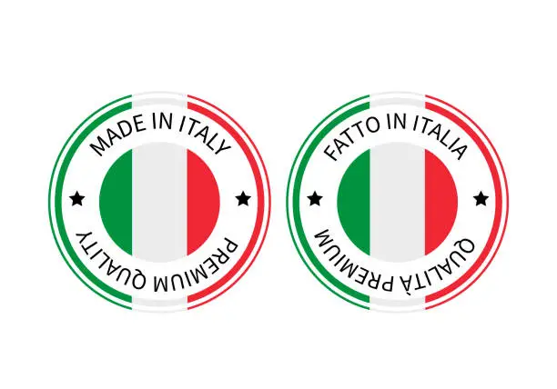 Vector illustration of Made in Italy round labels in English and in Italian languages. Quality mark vector icon. Perfect for logo design, tags, badges, emblem, stickers, product package, etc