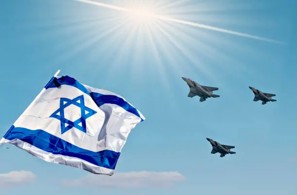 Israeli flag and modern militaristic fighter, blue sky background, Concept of Independence Day t