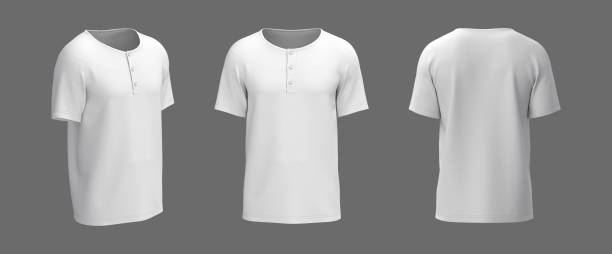 istock Blank short-sleeve henley t-shirt mockup. Front, back and side views 1312737434