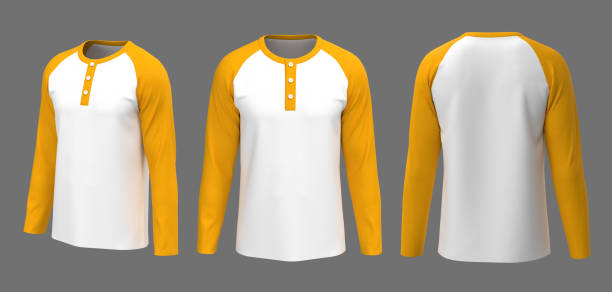 istock Blank long sleeve raglan henley t-shirt mockup in front view, side and back views 1312738075