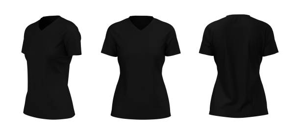 istock Women's  v-neck t-shirt mockup, front, side and back views 1312738153