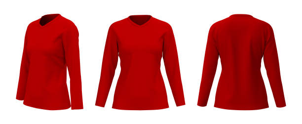 istock Women's long-sleeve t-shirt mockup in front, side and back views 1312738184
