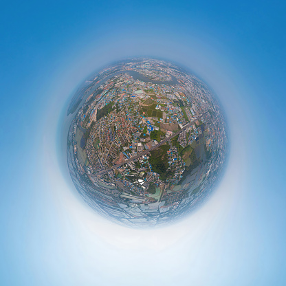 Little planet 360 degree sphere. Panorama of aerial view of buildings with curve of Chao Phraya River. Samut Sakhon skyline near Bangkok, Urban city in downtown area at noon, Thailand.