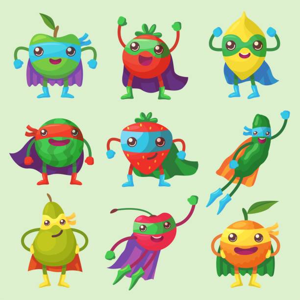 Fruit, berry and vegetable characters as superheroes vector set Fruit, berry and vegetable characters as superheroes vector set. Collection of cartoon apple, tomato, strawberry, pear with masks and capes isolated illustrations. Diet, healthy food concept perfect pear stock illustrations