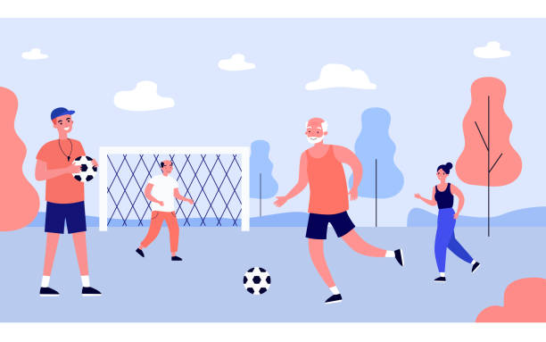 illustrations, cliparts, dessins animés et icônes de personnes de différents âges jouant au football avec l’entraîneur - football coach business ball