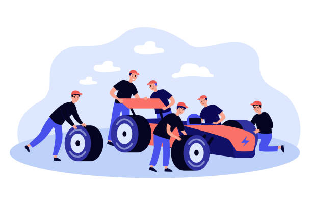 ilustrações, clipart, desenhos animados e ícones de equipe de manutenção consertando carro no pit stop - jogador cansado