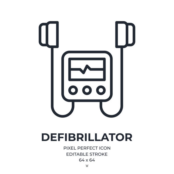 stockillustraties, clipart, cartoons en iconen met defibrillator bewerkbare lijn overzicht pictogram geïsoleerd op witte achtergrond platte vectorillustratie. pixel perfect. 64 x 64. - defibrillator