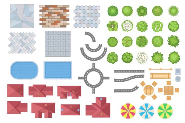 Top view of city or park elements vector illustrations set Top view of city or park elements vector illustrations set. Collection of trees, roads, buildings, fences, tiles from above for map or plan isolated on white background. Landscape, cityscape concept cityscape drawings stock illustrations