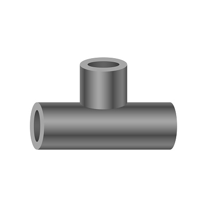 PVC plastic pipe fitting vector illustration design isolated on white background. 3 way (tee). Consist of slip socket opening 3 end (solvent weld). For connection pipe in pipeline system for plumbing, drainage, vent, waste, sewage and water supply.