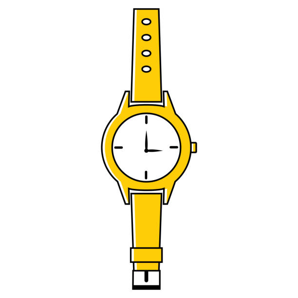 ilustraciones, imágenes clip art, dibujos animados e iconos de stock de reloj de mano. reloj moderno en color amarillo aislado sobre fondo blanco. icono clásico con relojes para diseño conceptual. estilo plano. reloj de mano redonda. vector - reloj de pulsera