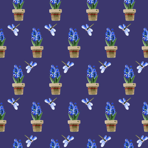 ilustrações de stock, clip art, desenhos animados e ícones de seamless pattern with blue potted hyacinths and cute dragonflies. village scene. hand-drawn watercolor illustrations on a blue background. for design of wallpaper, wrapping paper, covers, textiles. - color image blue background season animal