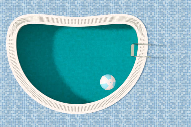 Mosaic bottom and lamp with light of underwater pool. Under water in swimming pool. Photo of swimming pool. Sport, vacation and relax concept. Summer background. Texture of water surface. Down view.