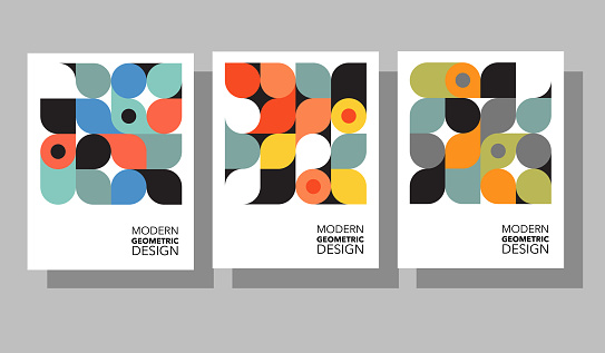 Retro abstract geometric graphic design templates. Cool Bauhaus style compositions. For social media, cards, posters, marketing. Eps10 vector.