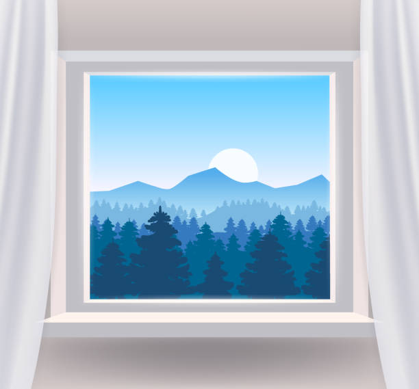 istock Open window interior home with a forest landscape view nature. Country mountains landscape from view the window of trees panorama. Vector illustration 1312752421