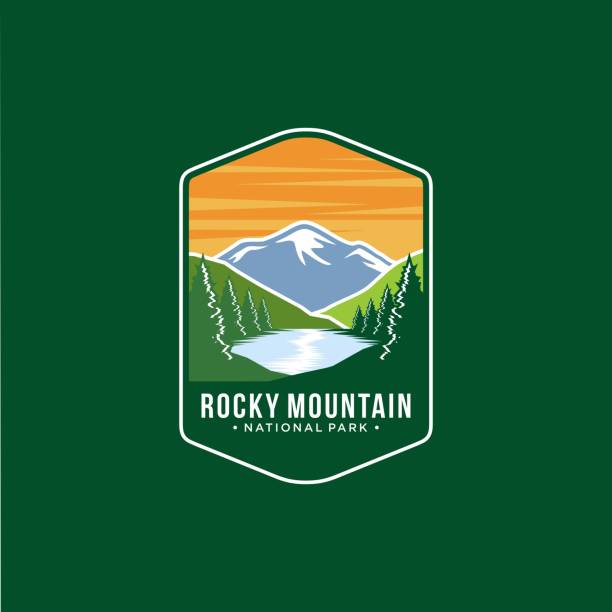 ilustraciones, imágenes clip art, dibujos animados e iconos de stock de ilustración del icono del parche del emblema del parque nacional de las montañas rocosas - parque nacional