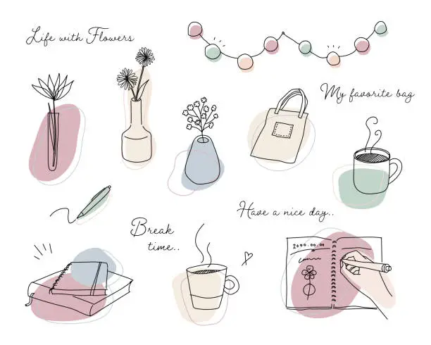 Vector illustration of A set of hand-drawn illustrations related to home decor and relaxation.
