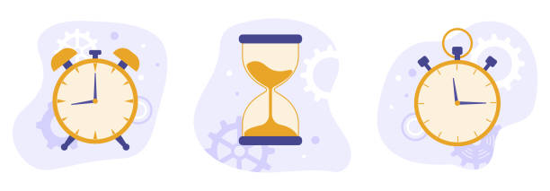 Set of clock, hourglass and stopwatch Set of clock, hourglass and stopwatch. Flat vector illustration. Time control concept hourglass stock illustrations