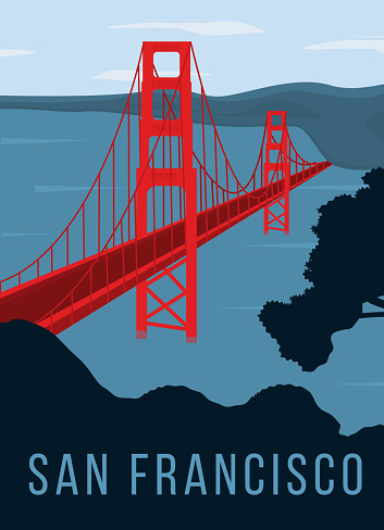 Golden Gate bridge retro poster. Red color bridge across the blue ocean. Retro style vintage card or sticker. Popular sightseeing in San Francisco, California. Flat vector illustration