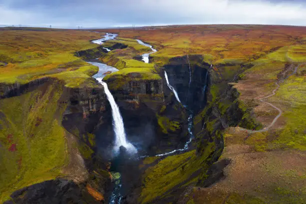Aerial view of the Haifoss and Granni waterfalls in southern Iceland.