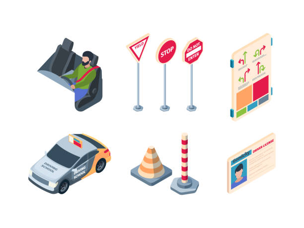 ilustrações, clipart, desenhos animados e ícones de dirigir a escola. pessoas aprendendo regras para motoristas processos de exame carros estudante cones garish vetor ilustrações isométricas isoladas - car workshop service expertise