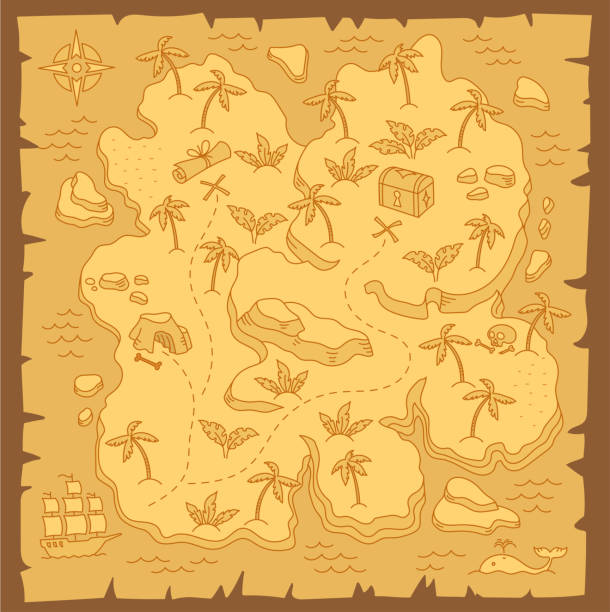 Treasure Island map. Pirates Isle adventure. Sea ship. Board game chest. Hand drawn vector line. Open paths. Editable outline. Island locality area map sketch. Isle city and village. Map for board game. Hand drawn vector line. Open paths editable outline. Mountain, river and village field. treasure map stock illustrations