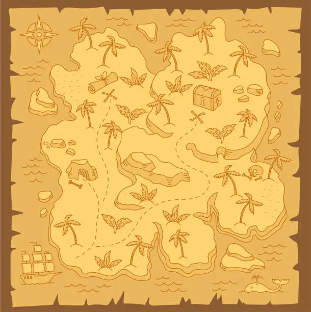 Vector illustration of Treasure Island map. Pirates Isle adventure. Sea ship. Board game chest. Hand drawn vector line. Open paths. Editable outline.