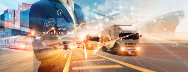 istock Smart logistics and transportation. Businessman use tablet and analyzing on logistic global network distribution on world map background. Technology. Business of transport and industrial. 1312760463