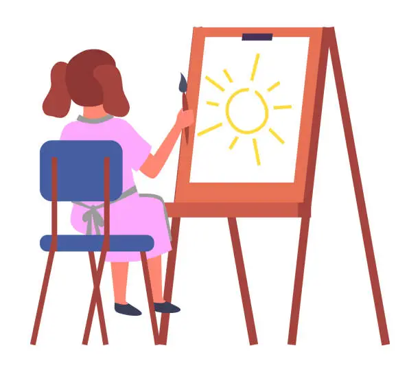 Vector illustration of Little girl sitting on the chair and drawing aquarell paints on large sheet, education concept