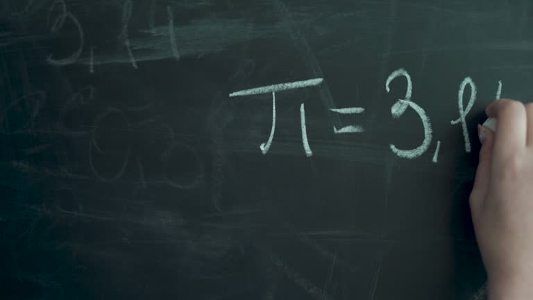 Writing Pi. Writing the number pi on the chalkboard. A female hand writes with white chalk.