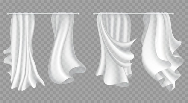 istock Flying curtains. Smooth chiffon cloths isolated on transparent background. Set of realistic soft lightweight fluttering. Realistic clear material for window home decoration 1312765135