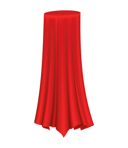 istock Covered object. Red silk fabric curtain cover. Revealer cloth realistic curtain for exhibition with a hidden object. Isolated object inside draped cloth on white background 1312766272