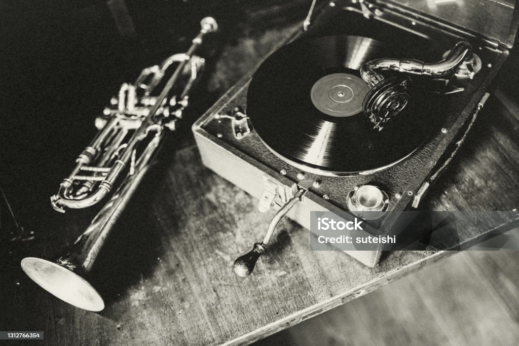 JAZZ - I love it!!! Gramophone, Analog, Music, Art, Close-up, Party, 1920, Nostalgia, 1920-1929 Stock Photo