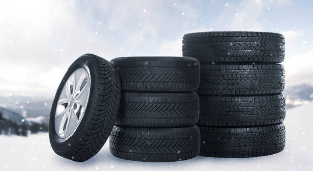 istock Set of wheels with winter tires outdoors on snow 1312769672