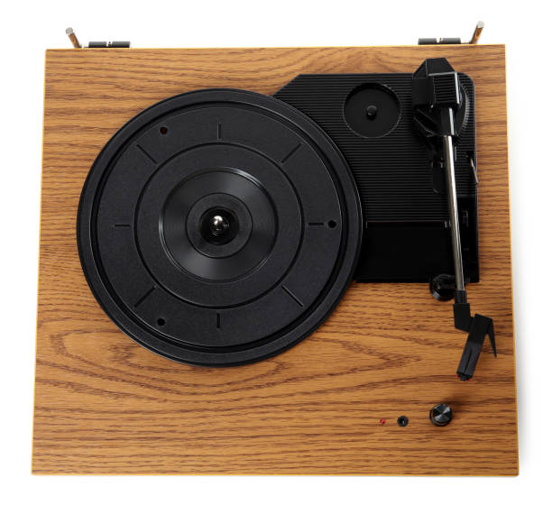 istock Modern vinyl record turntable isolated on white, top view 1312769889