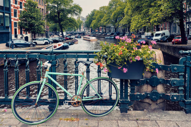 istock Amsterdam canal with boats and bicycles on a bridge 1312770426