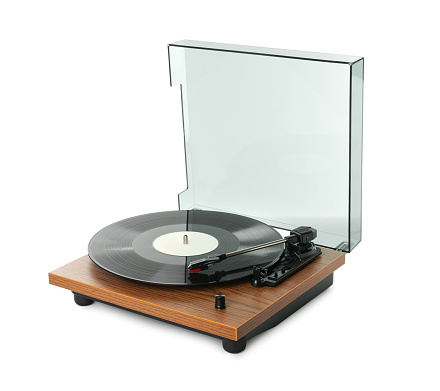 Modern turntable with vinyl record isolated on white