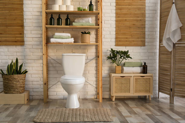 istock Stylish bathroom interior with toilet bowl and other essentials 1312771086