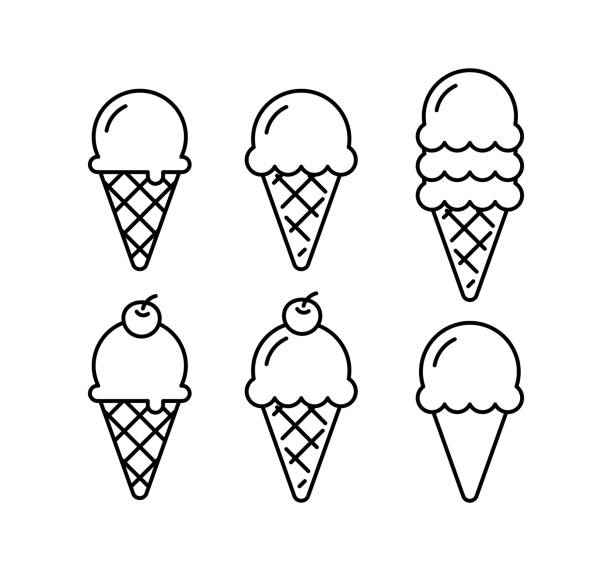 zestaw do doodle stożka lodów. wafel stożka zarys izolowane. - scoop ice cream frozen cold stock illustrations