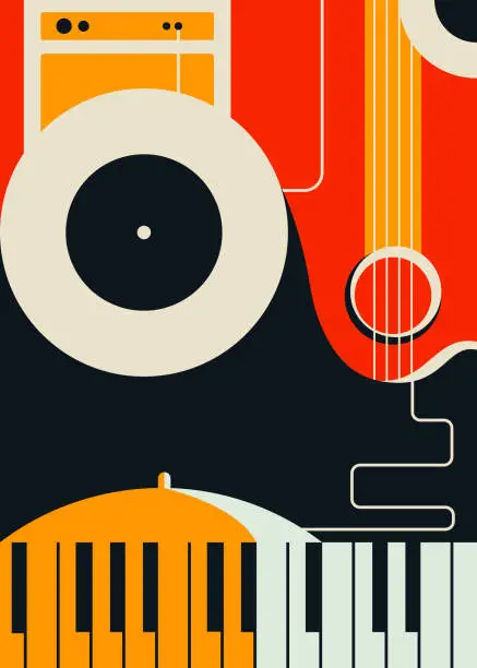 Vector illustration of Poster template with abstract musical instruments.