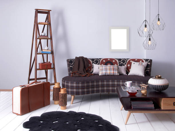 living room cozy  style and sofa home decoration retro stairs with old suitcase