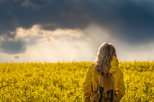 Woman standing in blooming oilseed field and looking at cloudy sky. Female hiker is wearing sports clothing