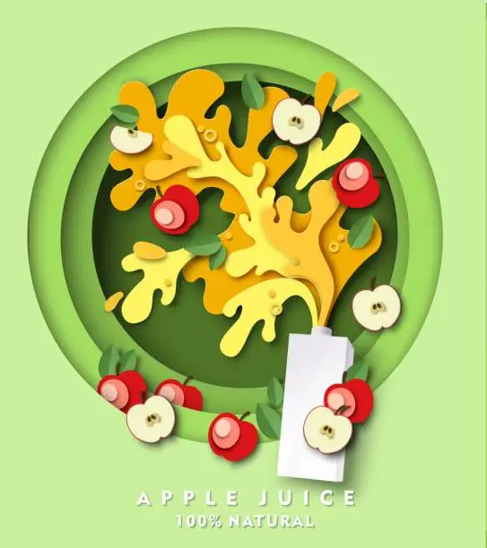 Vector illustration of Apple juice carton pack mockup, fresh fruit, liquid splashes, drops. Vector paper cut illustration. Natural drink ads.