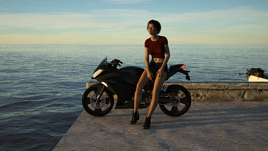 3d illustration of a young woman sitting on her motorcycle near the end of a pier at sunset.