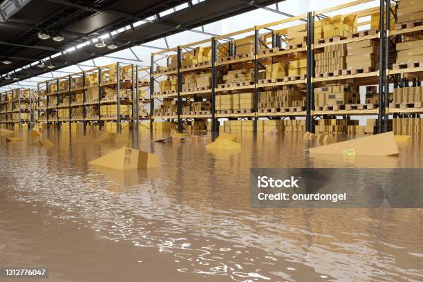 Flooded Warehouse With Cardboard Boxes Floating On Water Stock Photo - Download Image Now