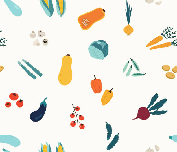 ベージュの背景に分離された手描きのカラフルな野菜のシームレスなパターン。 - restaurant backgrounds cucumber dieting点のイラスト素材／クリップアート素材／マンガ素材／アイコン素材